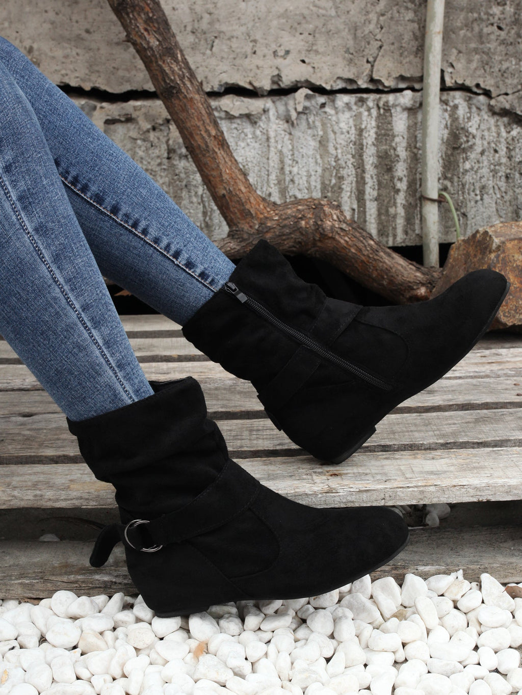 Ankle Boots  Round Toe Buckle Belt Side Zipper Boots
