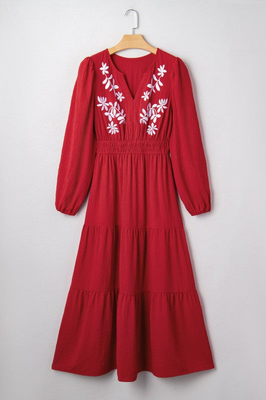 Floral Embroidered Long Sleeve Tiered Maxi Dress