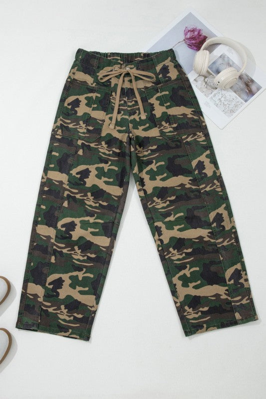 Camo Denim Patch Pocket Drawstring Barrel Jeans