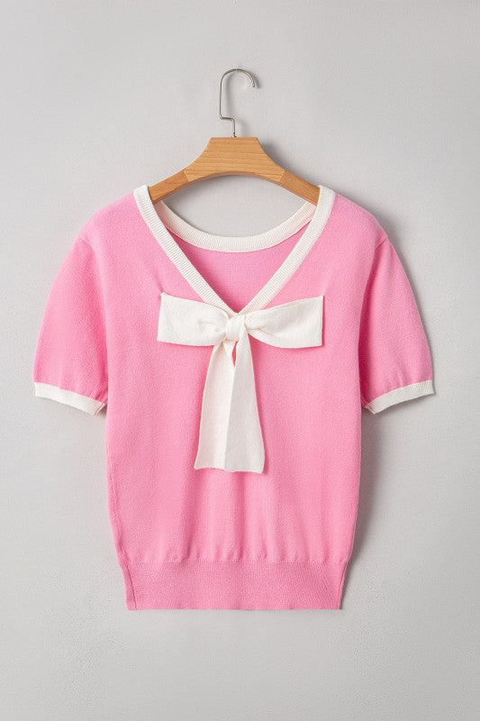 Mercy Bow V-Shape Cut Back Short Sleeve Sweater