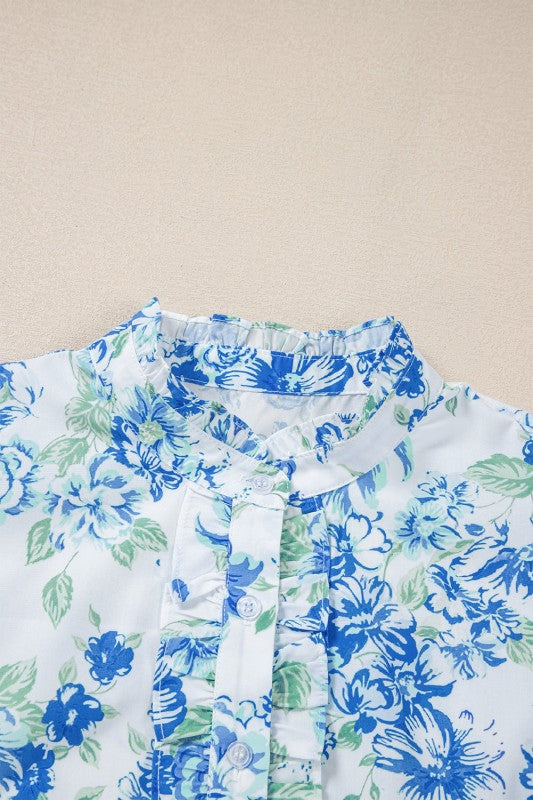 Floral Ruffle Sleeve Frilled Button-Up Shirt