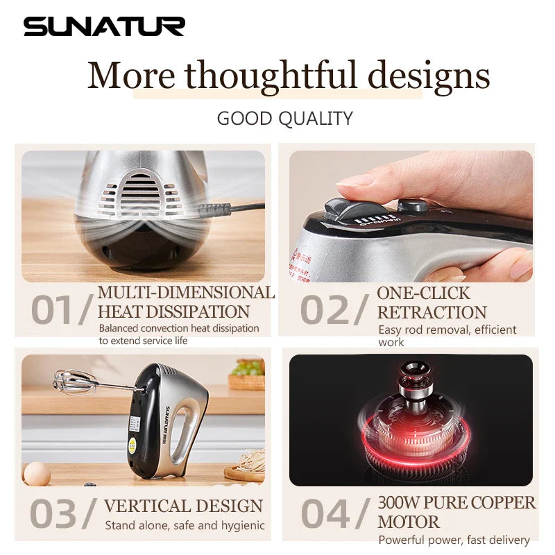 SUNATUR 300W Electric Hand Mixer - 5-Speed Egg Beater with Storage Base&Stainless Steel Attachments