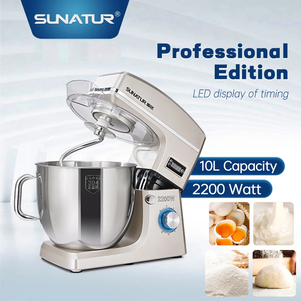 SUNATUR 10L Stand Mixer 2200W Stainless Steel Bowl,6-Speed Timing Fermentation Mixer,1 Year Warranty