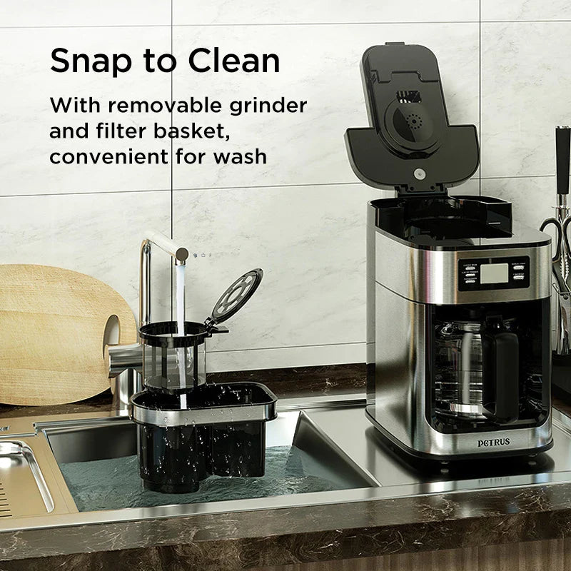 Petrus Automactic Coffee Machine Drip Coffee Maker Stainless Steel 10-cup With Built-In Grinder and Brew Strength Control