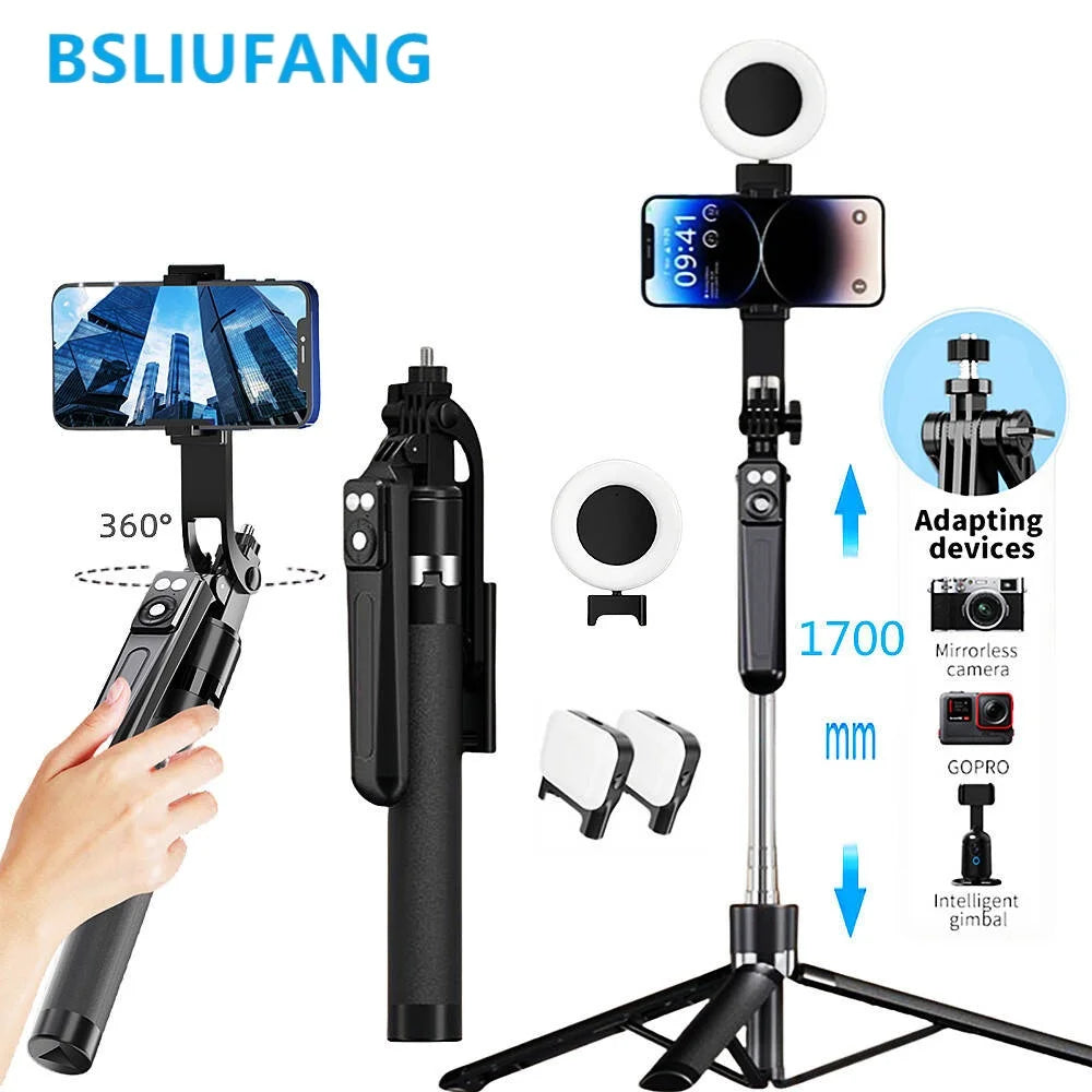 BSLIUFANG 1.7M 360° rotation Selfie Stick Tripod with fill light for smartphone Camera,Mobile Stand Monopod with Wireless Remote