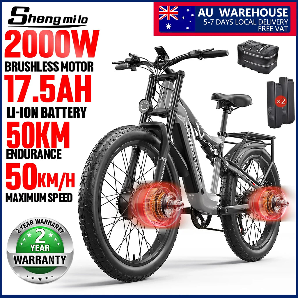 Shengmilo S600 26 inches adult electric mountain bike, 2000W dual motor ebike 7-speed electric bicycle，Fat Tire ebike17.5ah