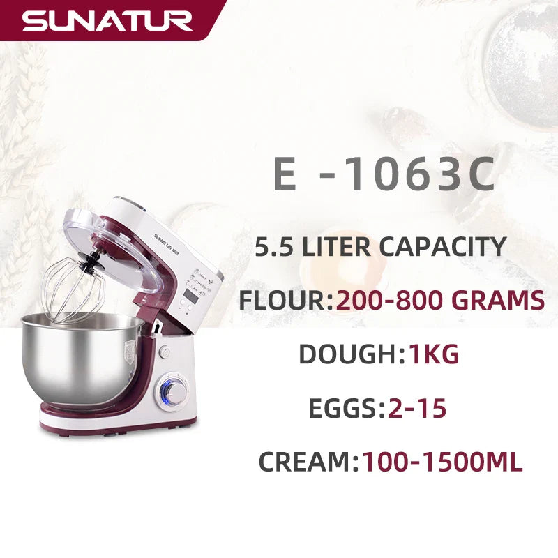 SUNATUR 5.5L Stand Mixer 1300w Planetary food Processor Timed dough kneader electric kitchen blender cream whipper Filling Mixer