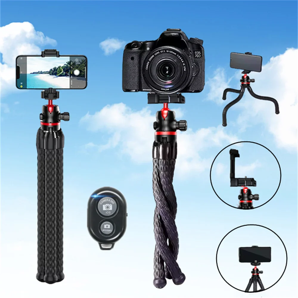 Roreta Flexible Octopus Tripod with microphone for Phone Camera DSLR 2in1 Design With Phone Holder Side Cold Shoe 1/4'' Screw