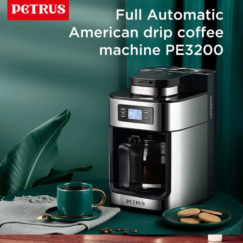 Petrus Automactic Coffee Machine Drip Coffee Maker Stainless Steel 10-cup With Built-In Grinder and Brew Strength Control