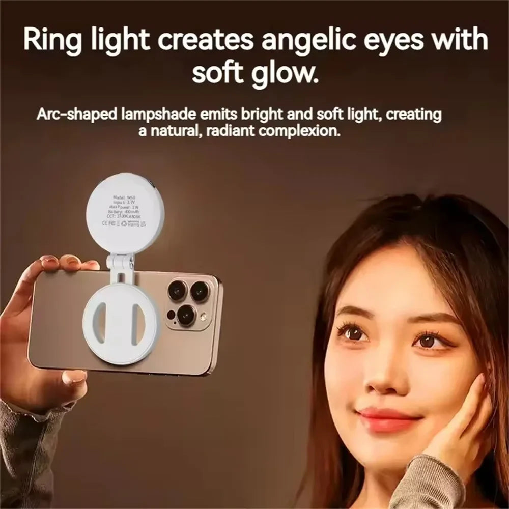 2in1 Portable Foldable Magnetic Rechargeable Ring Fill Light Phone Holder Perfect for Travel, Desktop, Selfies, Video, Makeup