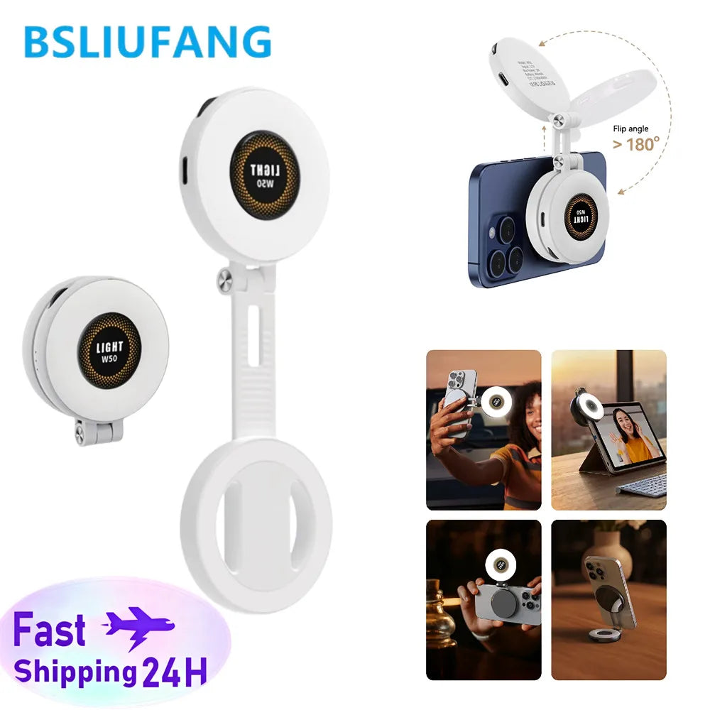 2in1 Portable Foldable Magnetic Rechargeable Ring Fill Light Phone Holder Perfect for Travel, Desktop, Selfies, Video, Makeup