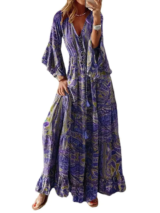 Bohemian Floral Print Maxi Dress with V-Neck