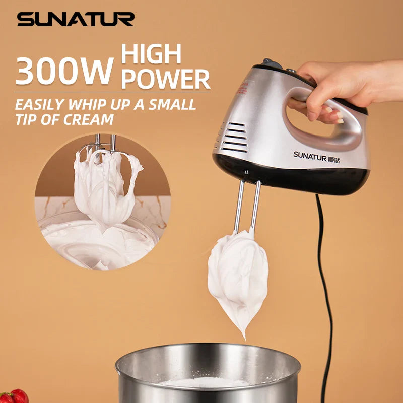 SUNATUR 300W Electric Hand Mixer - 5-Speed Egg Beater with Storage Base&Stainless Steel Attachments