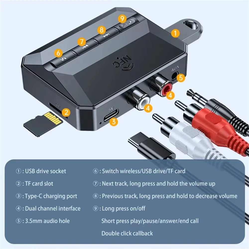 NFC Bluetooth Audio Receiver RCA 3.5mm AUX USB Wireless Adapter With MIC Support U-Disk/TF Card Play For Car Kit Speaker