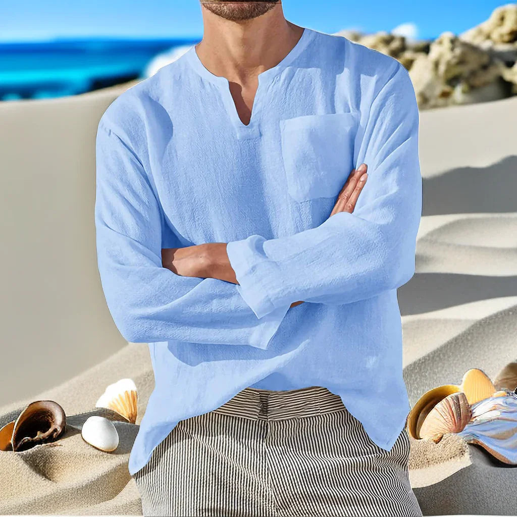 Men's Plus Size Long Sleeve V Neck Beach Linen Shirt