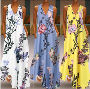 Sleeveless Floral Dress with Deep V Neck for Summer