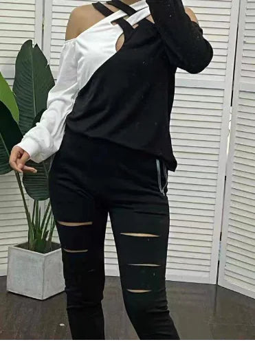 Color-Block Long-Sleeved Women's Casual T-Shirt