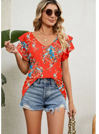 Casual Women's V Neck Ruffle Sleeve T-Shirt Blouse