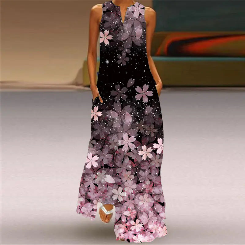 Printed V-neck Sleeveless Maxi Dress