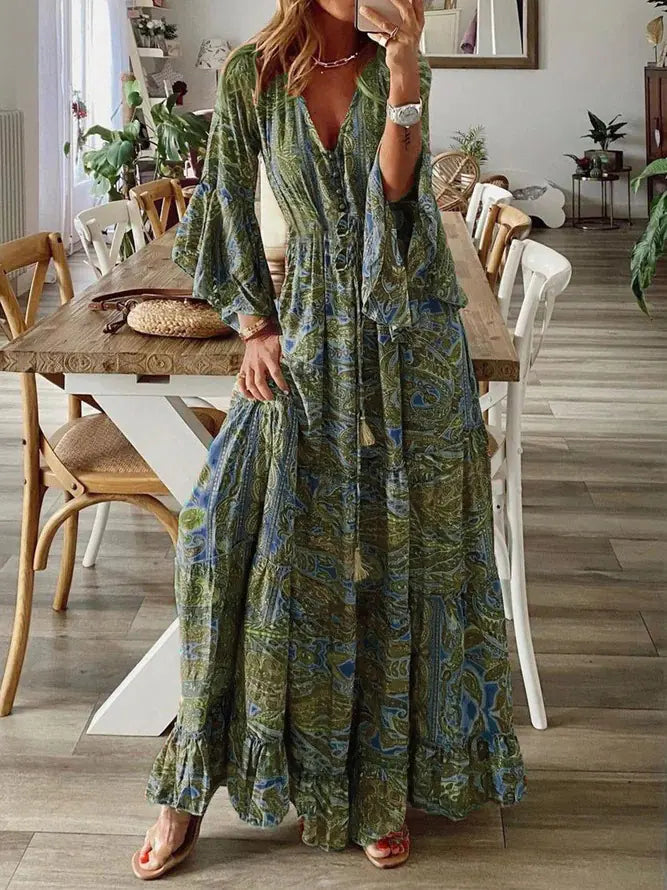 Bohemian Floral Print Maxi Dress with V-Neck