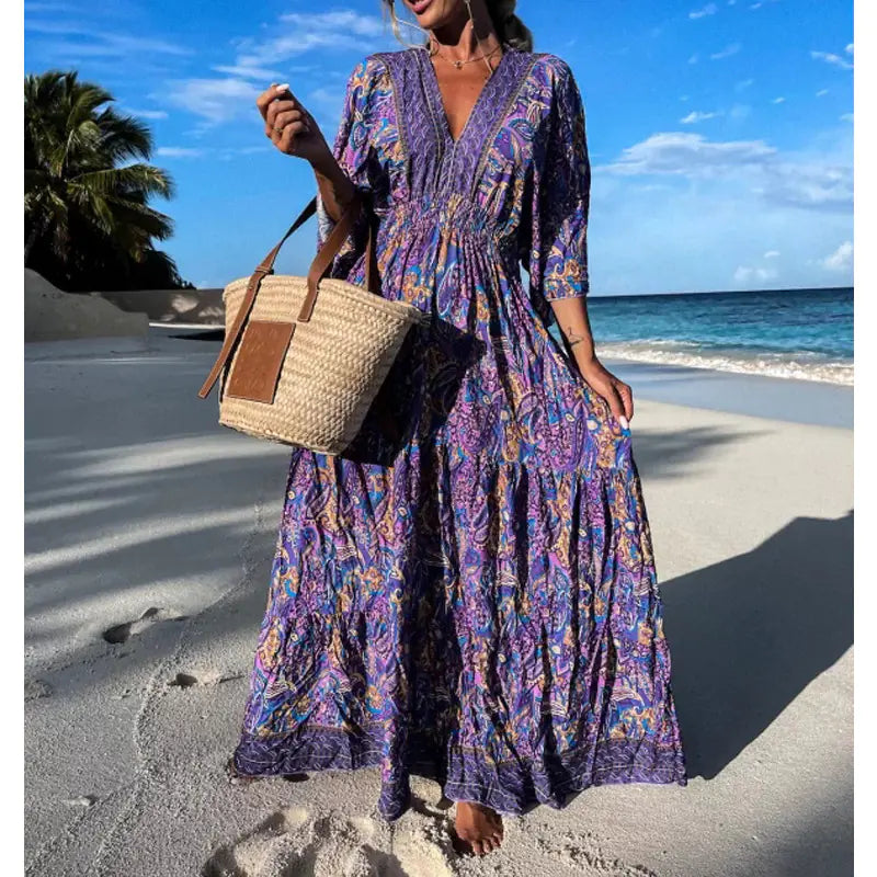 Bohemian Style V-Neck Floral Maxi Dress for Women