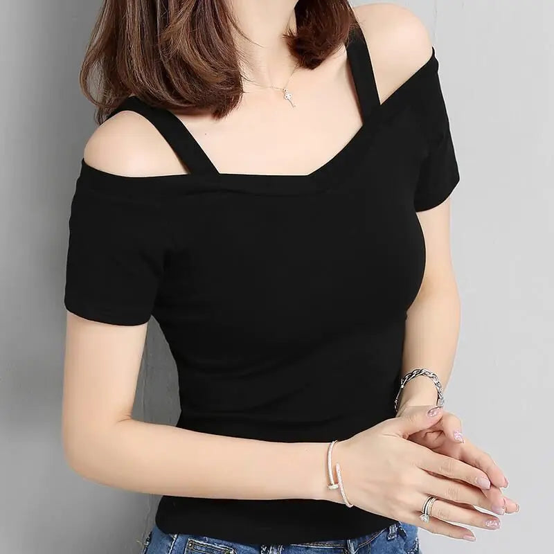 Korean Fashion Slim Off-Shoulder Short Sleeve T-Shirt