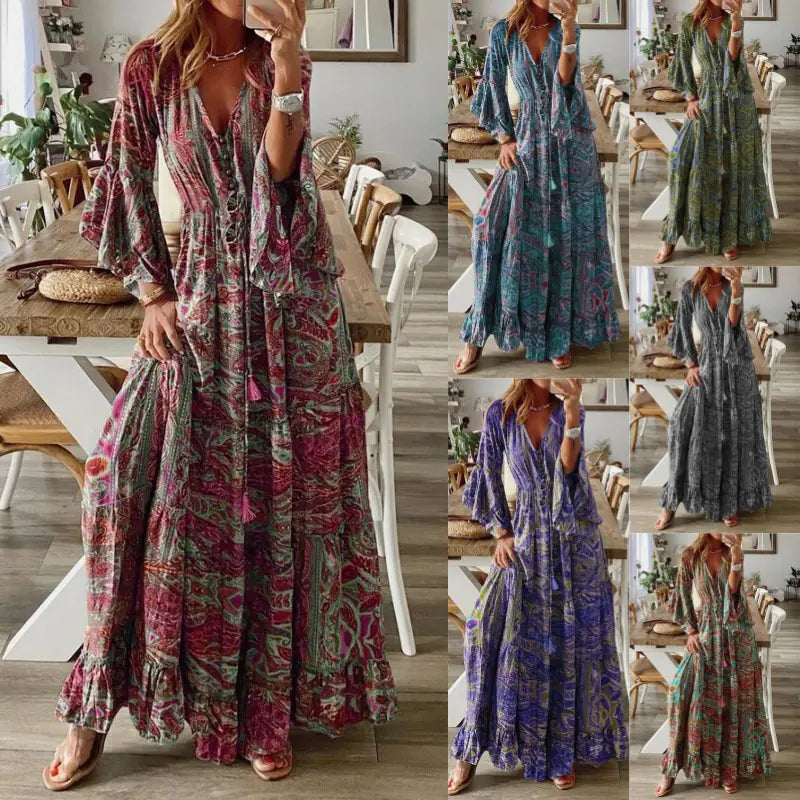 Bohemian Floral Print Maxi Dress with V-Neck