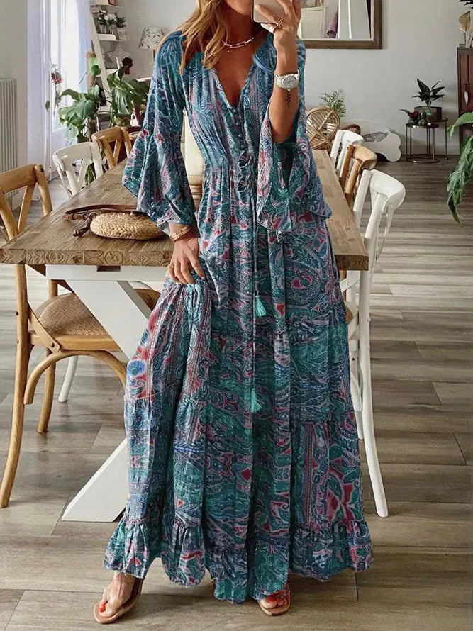 Bohemian Floral Print Maxi Dress with V-Neck