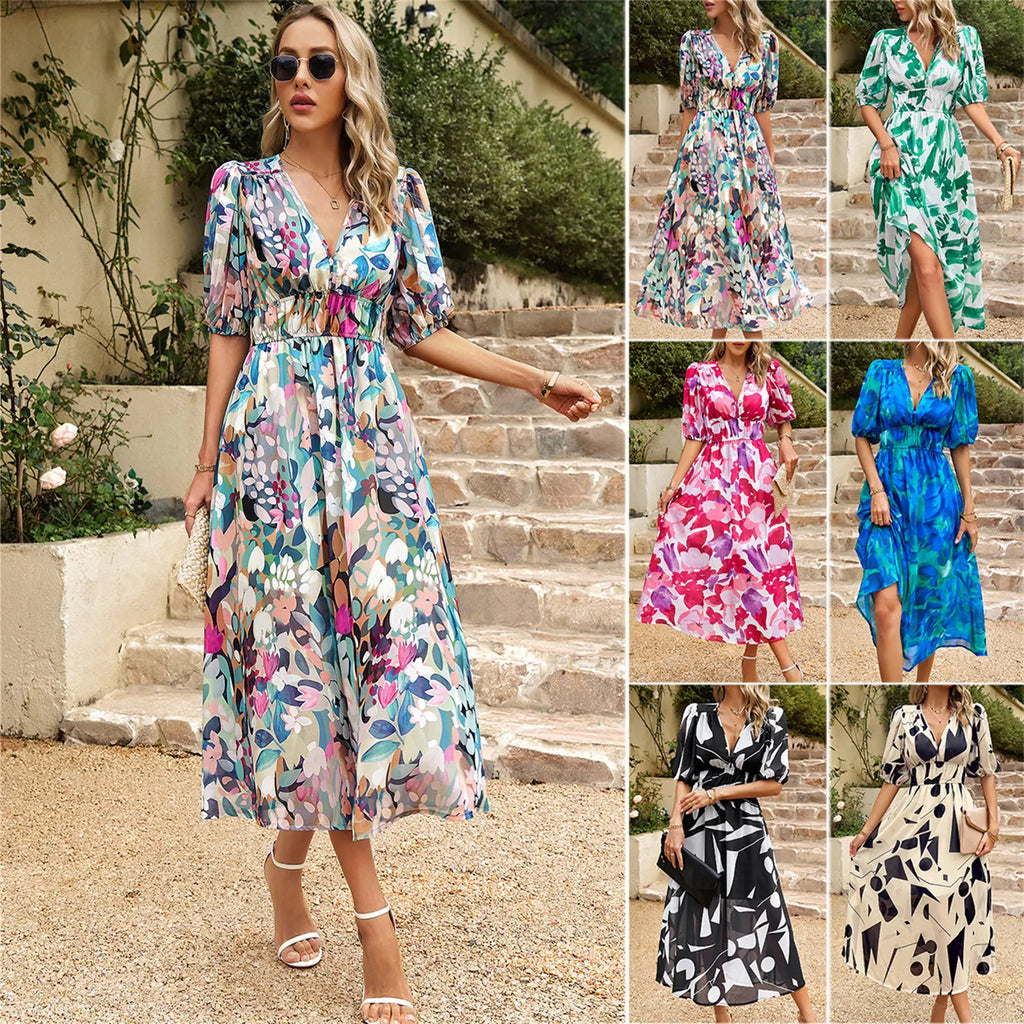 Summer Floral V-Neck Dress by Dukun Design
