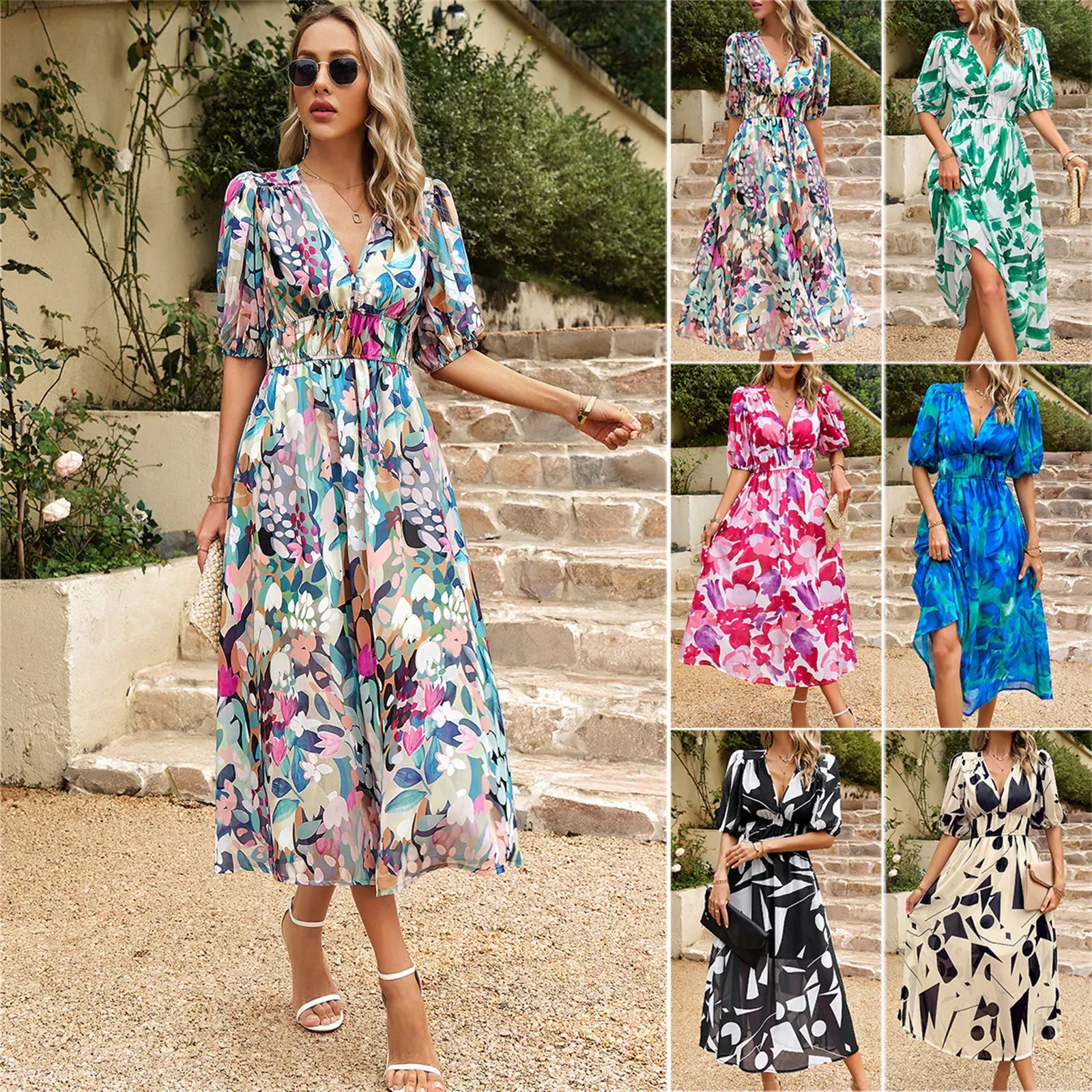Summer Floral V-Neck Dress by Dukun Design