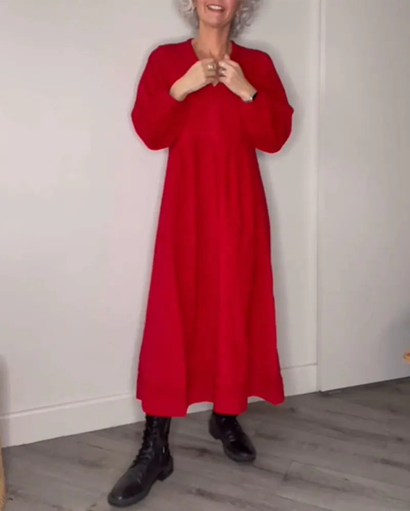Fall Winter Women's Solid Color V-Neck Dress