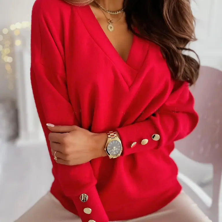 Casual Loose Button V-Neck Long Sleeve Sweatshirt