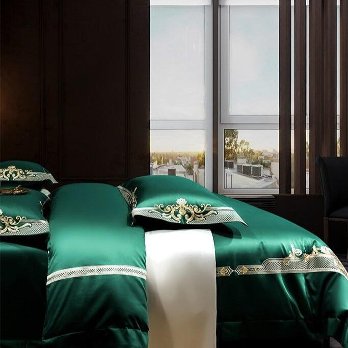 Royal Green Lake Embroidered Duvet Cover Set (Egyptian Cotton)