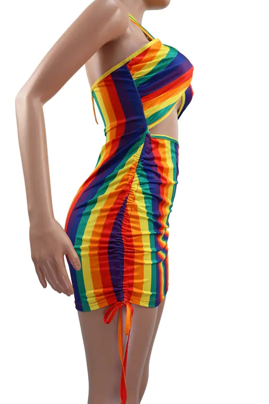 Sexy Rainbow Tie Dye Halter Bodycon Mini Dress for Women
