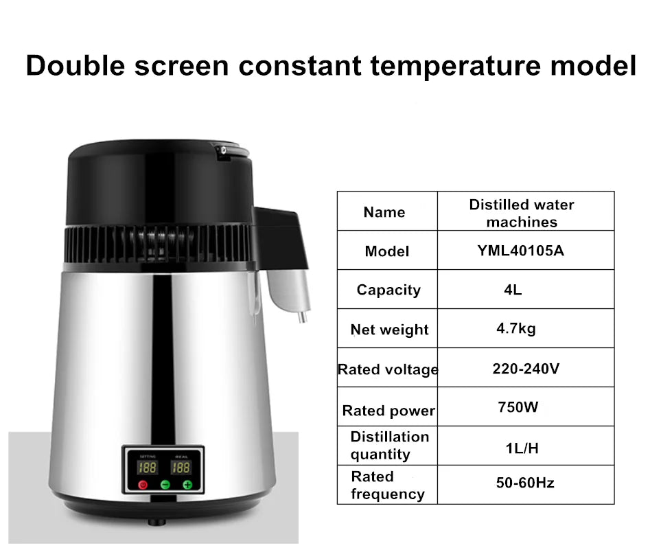 750W 4L Water Distiller, Household Stainless Steel Water Purifier for Pure Distilled Water, Distillation Machine with Filter for