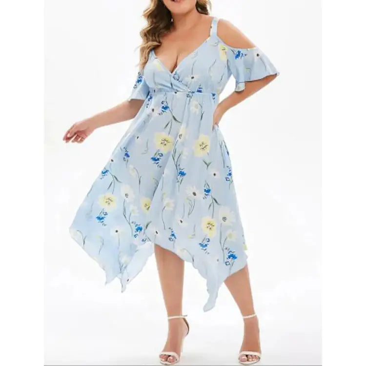 Women's Floral Print Open Shoulder Midi Dress Plus Size