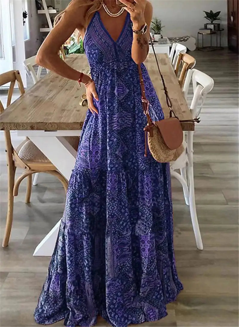 Bohemian High Waisted V-neck Floral Dress