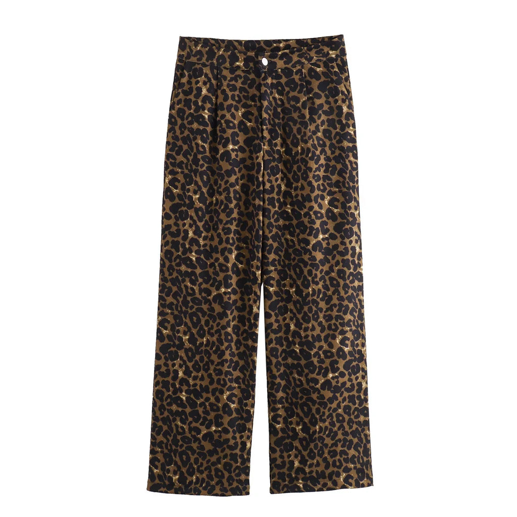 New Chic Fashion Side Pockets leopard Print Loose Wide Leg Pants