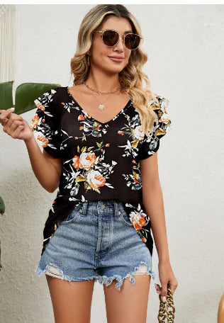 Casual Women's V Neck Ruffle Sleeve T-Shirt Blouse