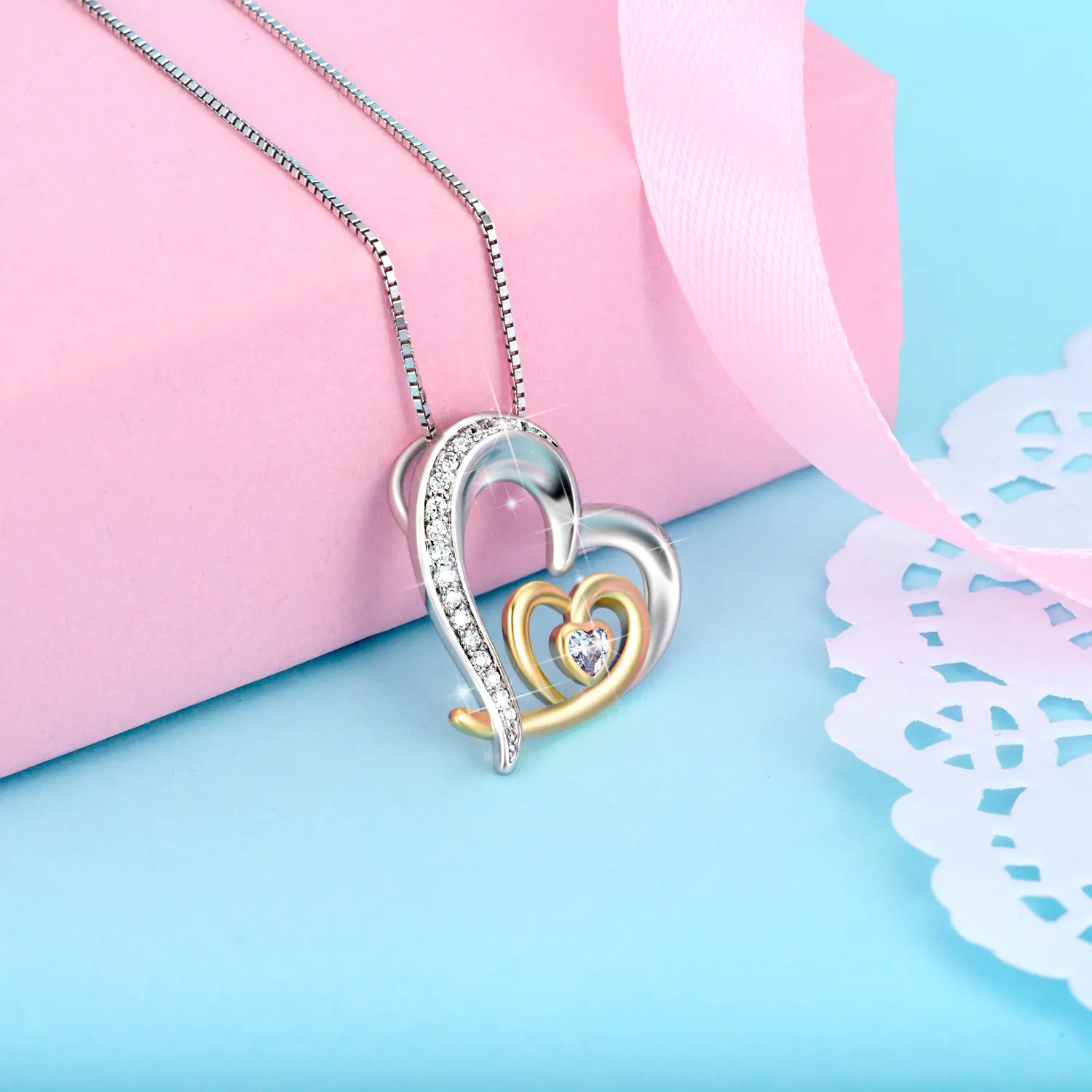 Double Heart Pendant, Gold-Plated Diamond Necklace, 925 Silver