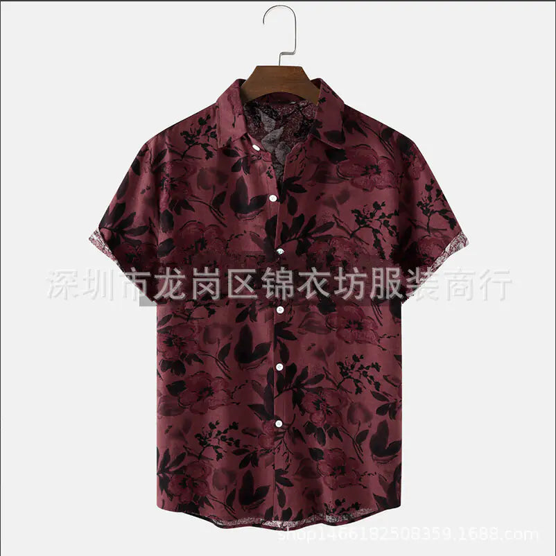 Men's  Floral Print Cotton-Linen Short Sleeve Shirt