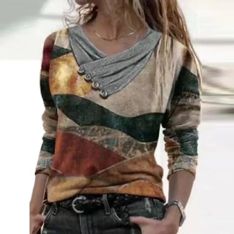 Printed Long-Sleeved V-Neck T-Shirt Top