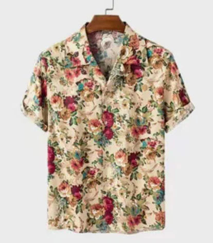 Men's  Floral Print Cotton-Linen Short Sleeve Shirt