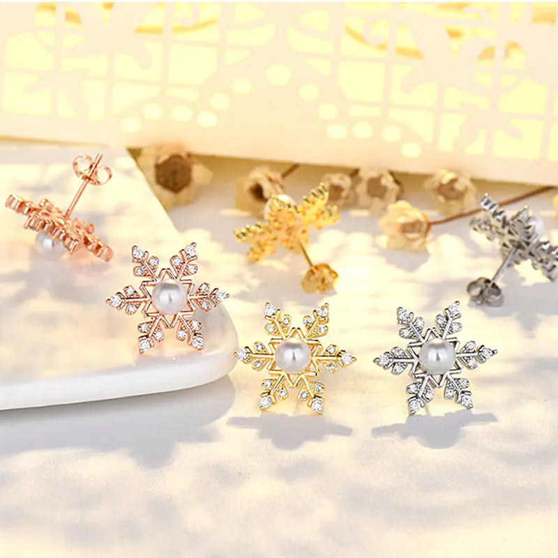 Sterling Silver Snowflake Earrings with Zircon and Pearl