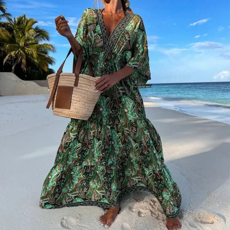 Bohemian Style V-Neck Floral Maxi Dress for Women