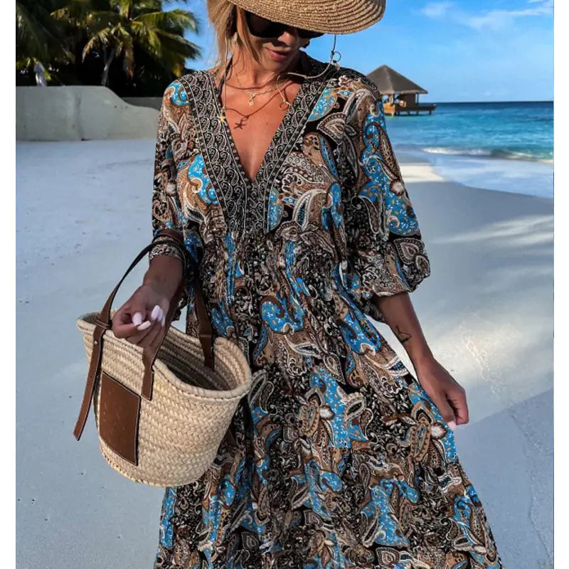Bohemian Style V-Neck Floral Maxi Dress for Women