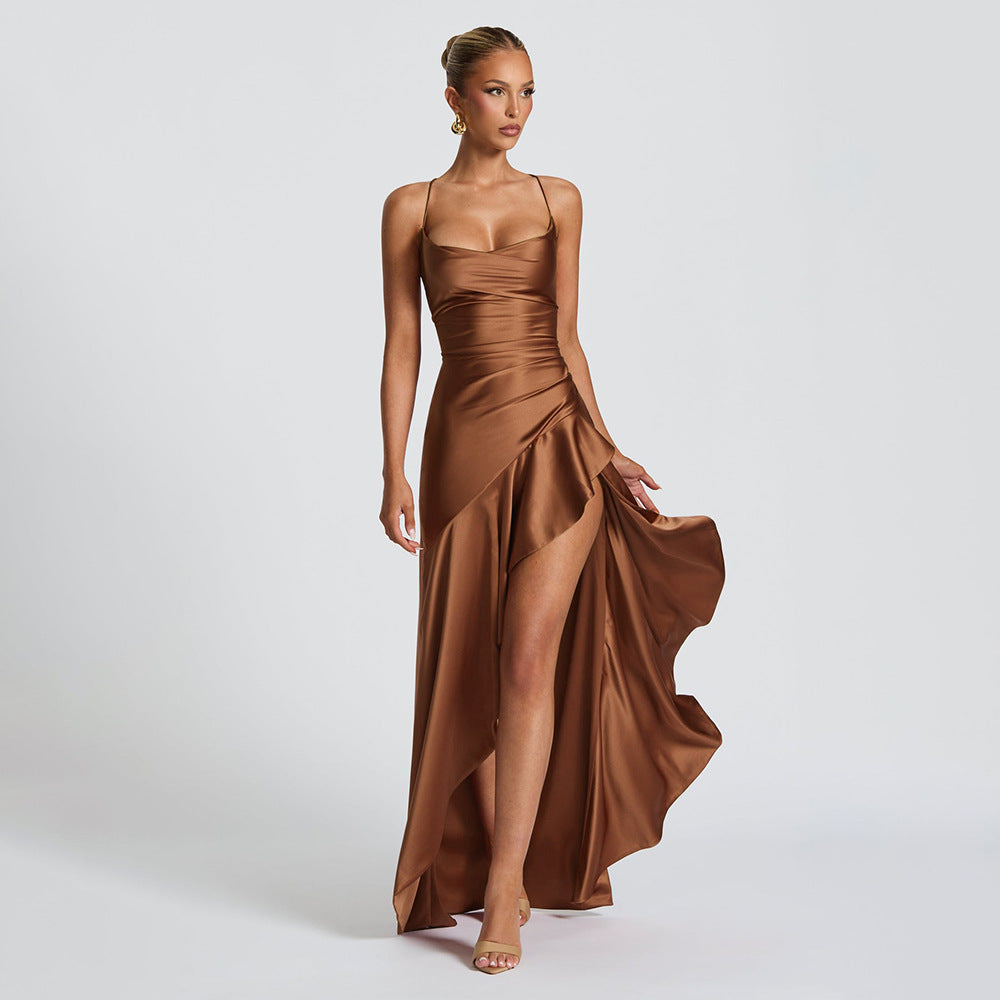 elegant satin long skirt personality suspender ruffle high slit dress club clothing