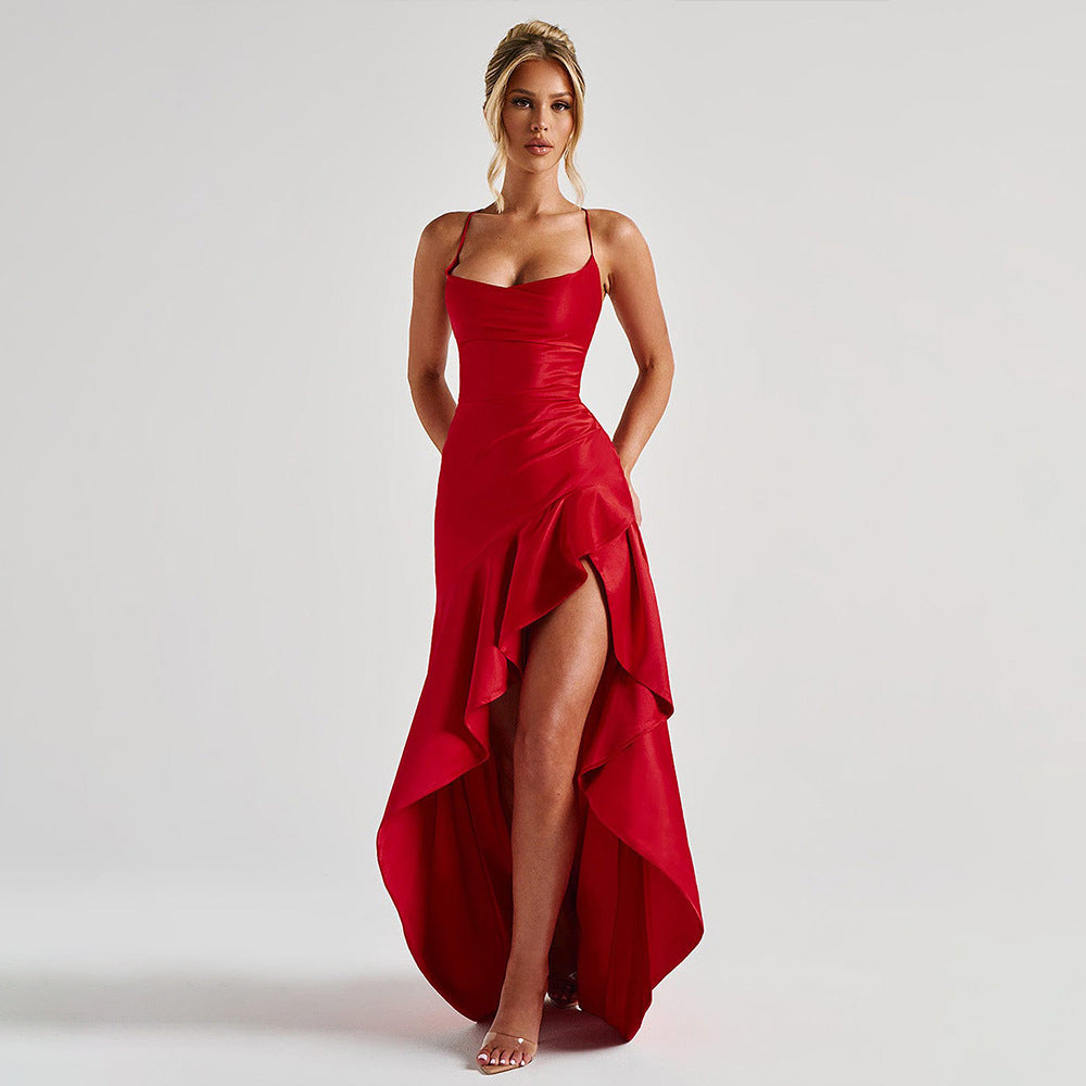 elegant satin long skirt personality suspender ruffle high slit dress club clothing