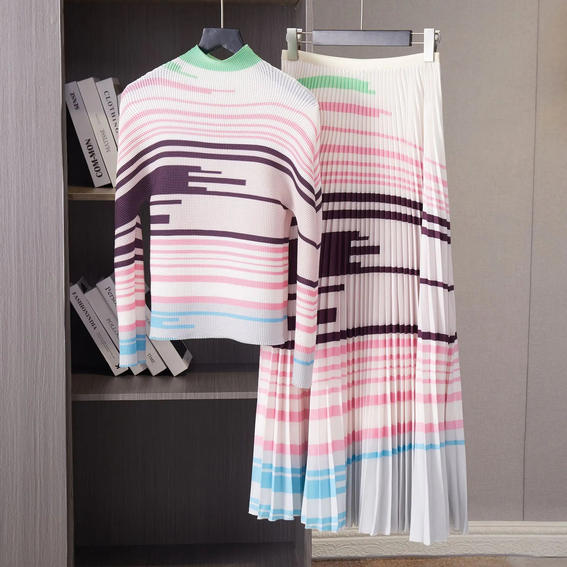 Pink Printed Pleated Skirt Set