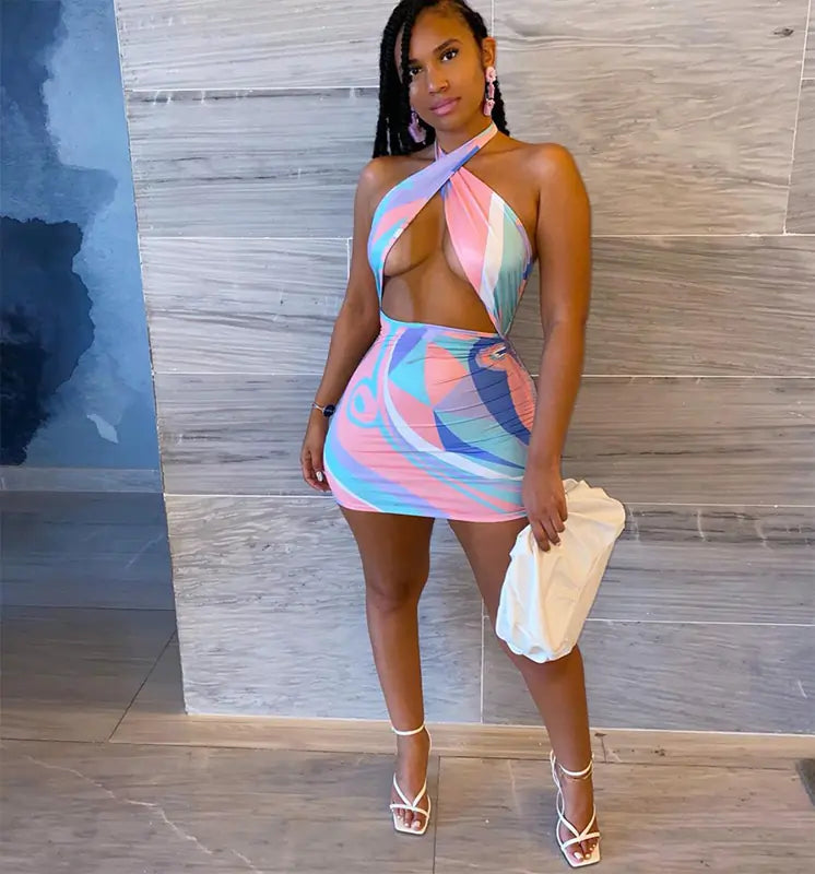 Sexy Rainbow Tie Dye Halter Bodycon Mini Dress for Women